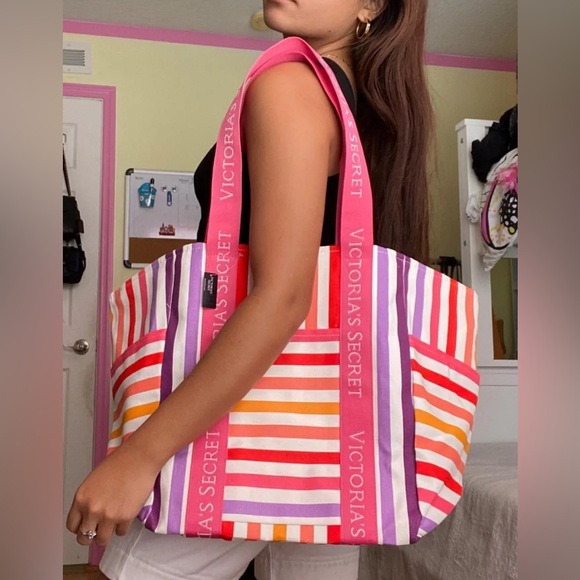 Victoria’s Secret pink and orange stripe zipper tote bag - Picture 2 of 7